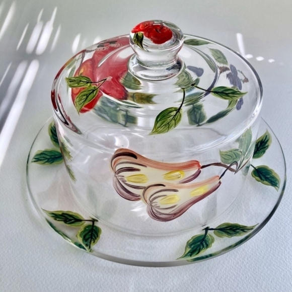 Vintage Hand Painted Glass Cheese/fruit/dessert Plate With Dome Lid - Picture 7 of 9